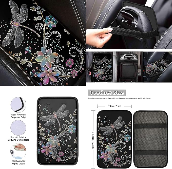 Dragonfly 13 Pcs Auto Seat Cover Sets Steering Wheel Cover Seatbelt Pad Floral Armrest Cover Pad Cup Holders Keychain Chapstick Holder for SUV Van Sedan Truck