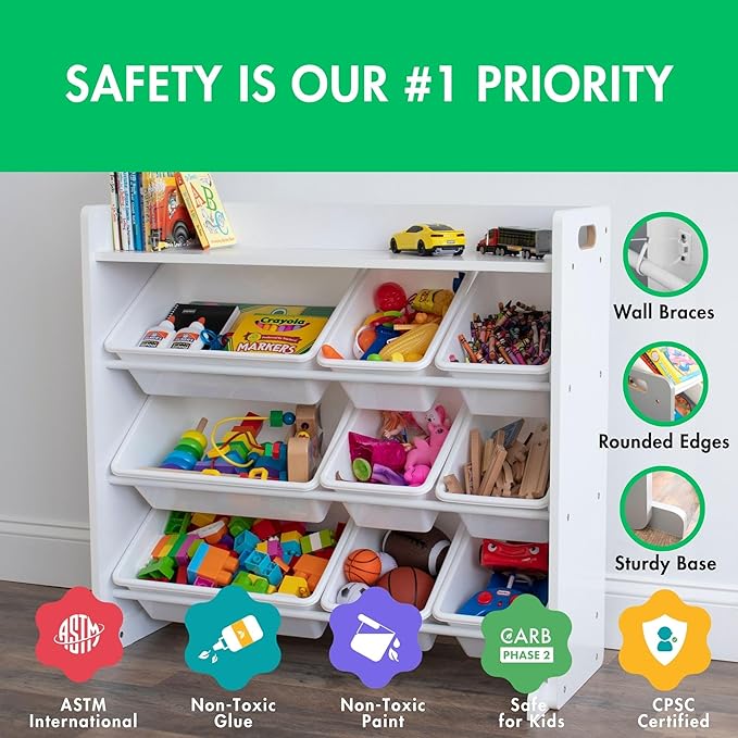 Humble Crew Toy Storage Organizer with Top Shelf and 9 Removable Bins, White/White – Toddler Bookshelf with Toy Organizer - M