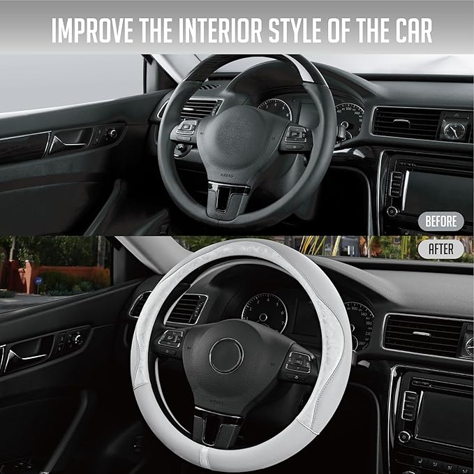 PIC AUTO Steering Wheel Cover, Silver Patterned Leather Patchwork Design, Universal Fit 14.5"–15.5", Anti-Slip, Odor-Free, So