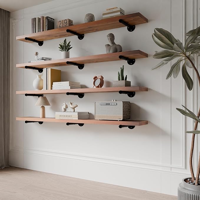 Industrial Pipe Wall Wood Shelves,Real Wooden Shelves 48" in Walnut Color with 1.2" Extra Thickness, Modern Floating Shevles