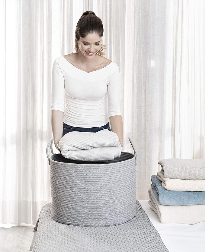 OrganiHaus Large Woven Storage Basket for Blankets and Toys 20" x 13" Inch, Rope Laundry Basket with Handles, Cushions & Pill