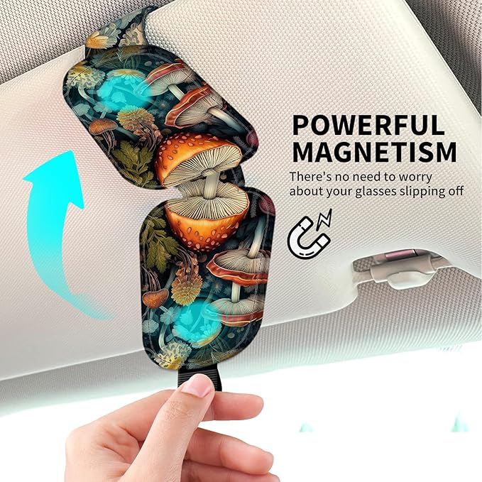 Leather Magnetic Sunglass Holder for Car Sun Visor, Cute Eyeglass Ticket Card Hanger Clip, Universal Auto Interior Accessories for SUV Pickup Truck Vintage Cute Mushroom