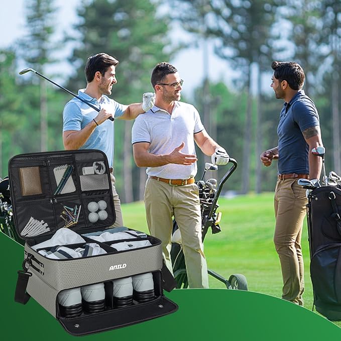 ANILD Golf Trunk Organizer, 2 Layer Golf Storage Case with Separate Ventilated Compartment for 2 Pair Shoes, for Balls, Tees,