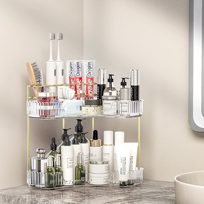 Makeup Organizer Countertop 2 Tier, Corner Bathroom Countertop Organizer with Toothbrush and Makeup Brush Holder, Corner Vani