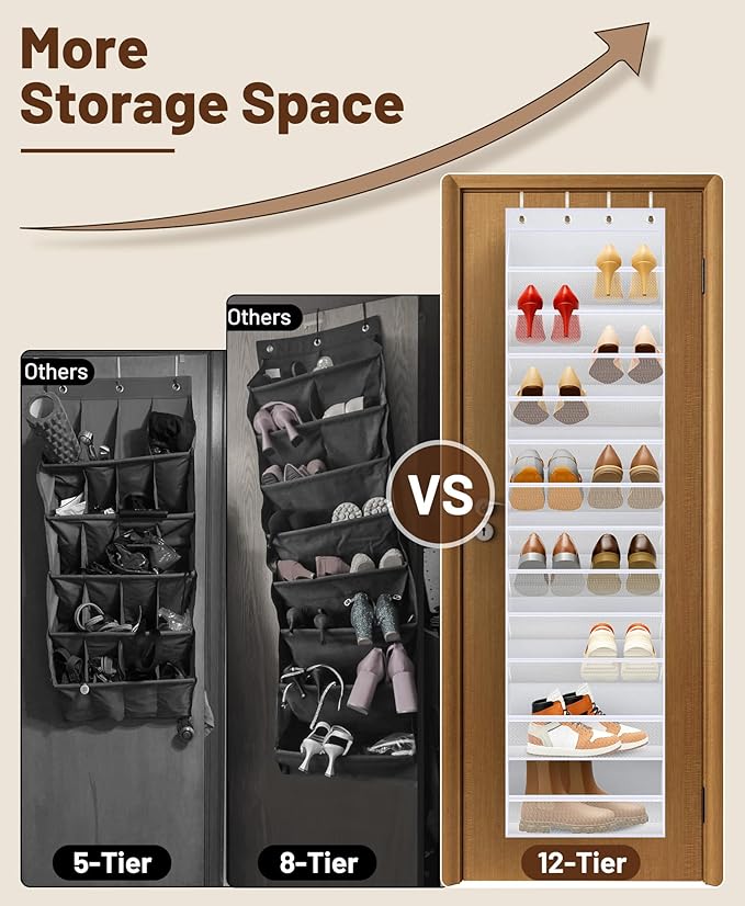 MISSLO 12 Tier Over the Door Shoe Organizer Large Capacity Hanging Shoe Rack for Closet Storage Narrow Sneaker Holder for Doo