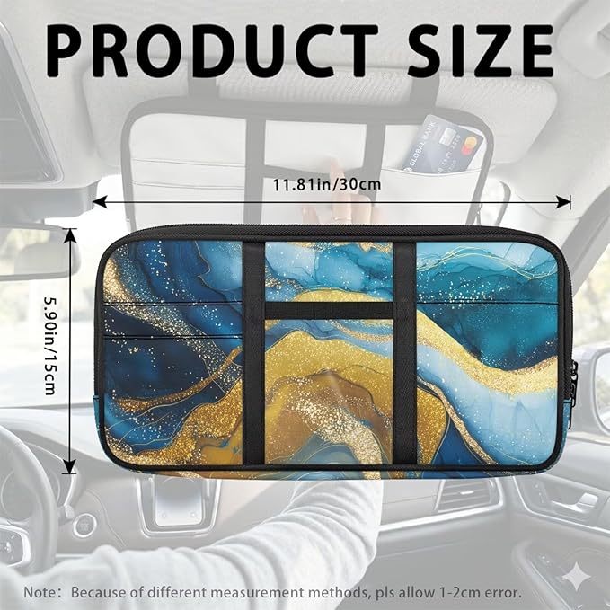 Blue-Gold Zippered Car Sun Visor Organizer Compact All-Inclusive with Straps and Pockets Sun Visor Glasses Storage Box with Picture Holder Easy Installation Universal Fit for Most Cars SUV