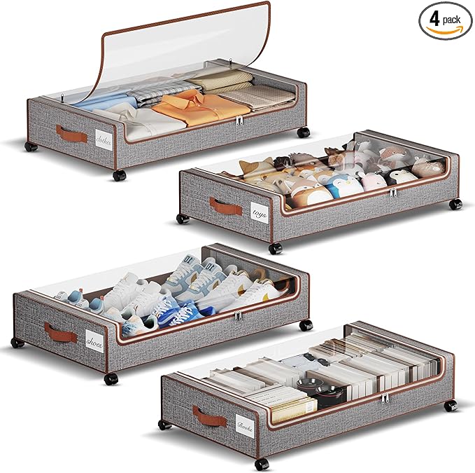 Yecaye Under Bed Storage with Wheels, 4 Pack Under the Bed Storage Containers with Lids & Label, XXL 60L Rolling Underbed Sto