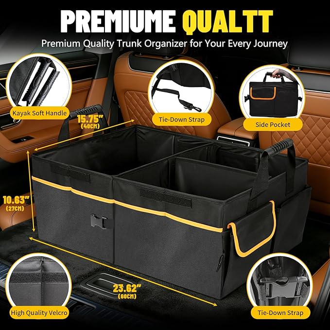 95L Car Trunk Organizer with 2 Tie-Down Straps&2 Removable Dividers|Foldable Cover,Multi-Compartment Collapsible Storage Box f