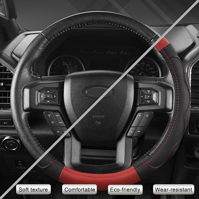 West Llama Car Steering Wheel Cover for Ford F-150, F-250, F-350, Expedition with 3D Texture (Black+Red-Large Size)