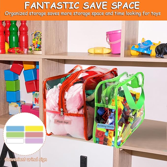 6 Color Toy Storage Bags with Labels, Reusable Clear PVC Board Game Storage, Travel Waterproof Organizer Bags with Zipper Lar