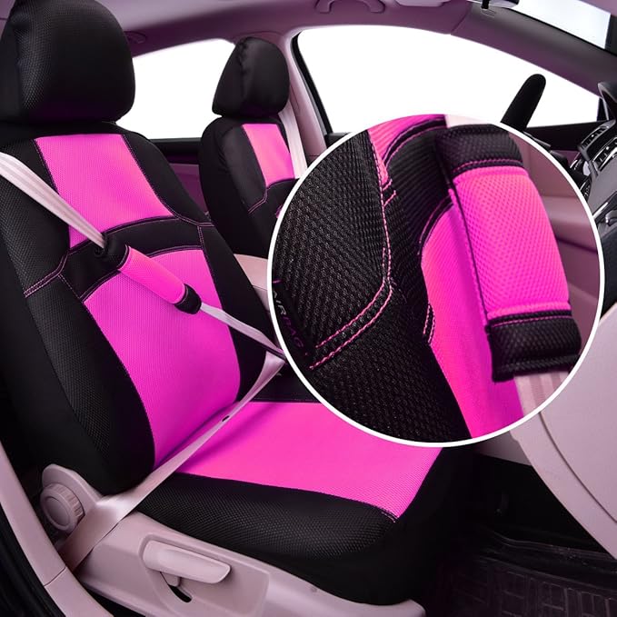 CAR PASS Rainbow Cool Universal Fit Two Front 3D Air Mesh Car Seat Cover with Steering Wheel & Blet Cover-Airbag Compatible (Front Seats only, Black- Pink)