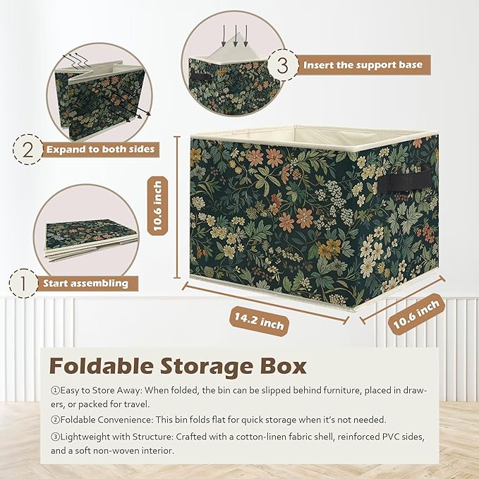 Dark Green Floral Botanical Storage Box Bins, Rustic Cottagecore Nature Flower Collapsible Storage Basket Organizer for Bedro