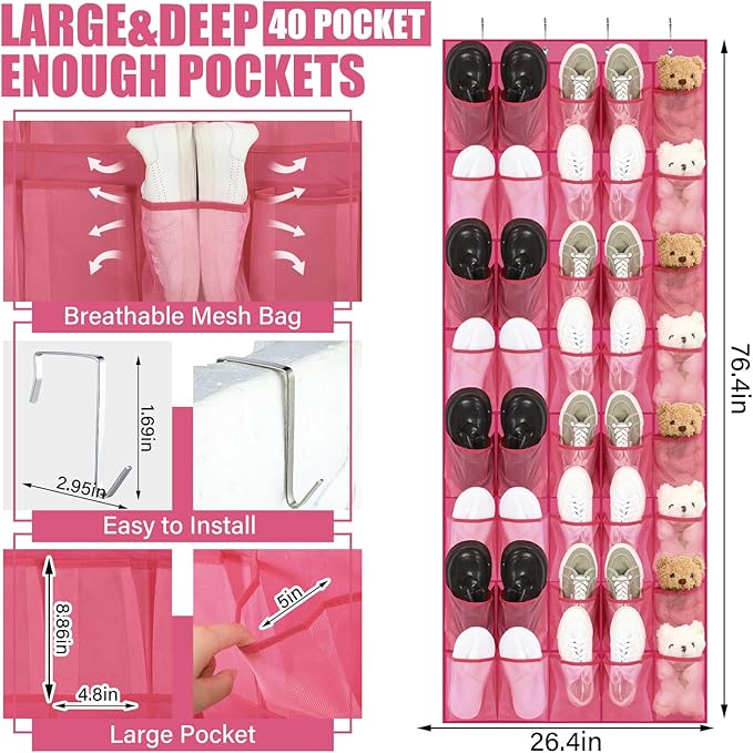 Windyun 40 Over the Door Shoe Organizer Large Mesh Pocket Hanging Shoe Rack for Closet Rose Red Nonslip Behind Door Storage H