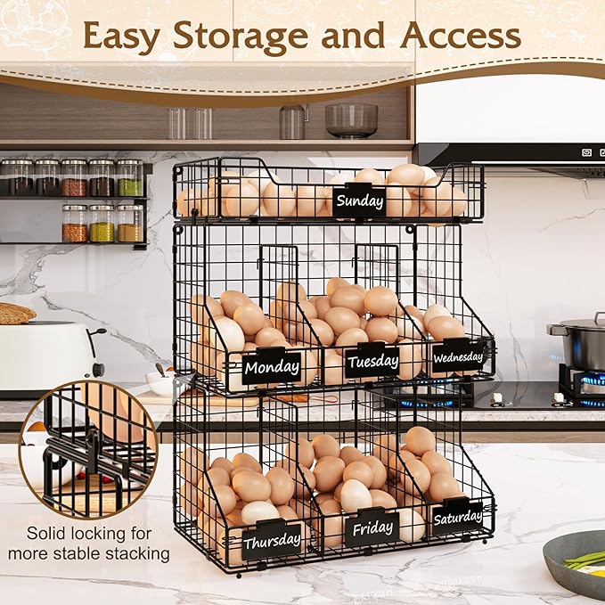 X-cosrack Egg Holder Countertop, 3 Tier Egg Rack with Labels Dividers to Separate Eggs, Stackable Wire Baskets for Fresh Egg,