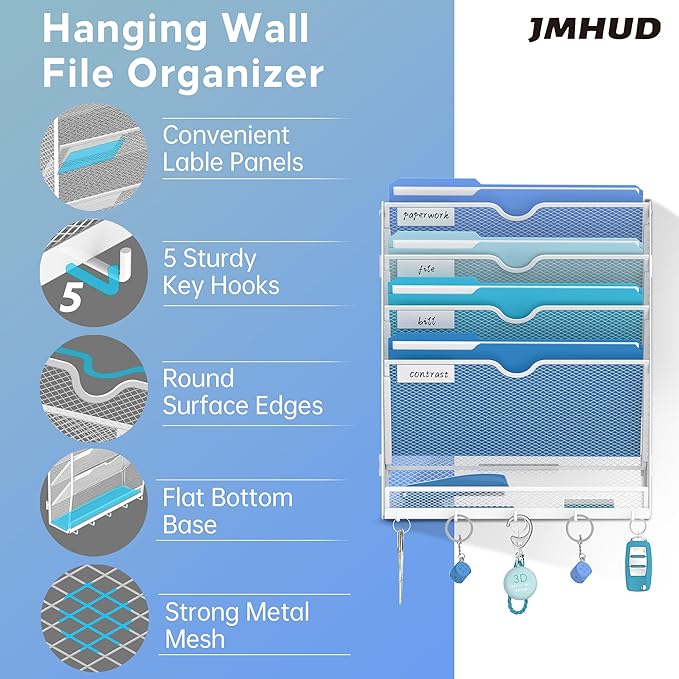 5 Tier Wall File Organizer - Hanging File Organizer with 5 Hooks, Mail Holder Wall Mounted for Papers, Folders, Magazines, Bi