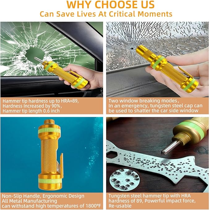 2-in-1 Window Breaker Seatbelt Cutter, Car Window Breaker Tool, Metal Glass Breaker - Extended Tungsten Steel Hammer Tip, Can