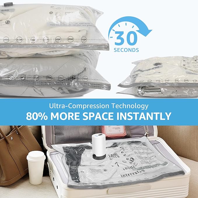 18 Packs Vacuum Bags for Travel with Rechargeable Pump, 3 Sizes Vacuum Seal Bags for Clothing, Compression Vacuum Travel Bags