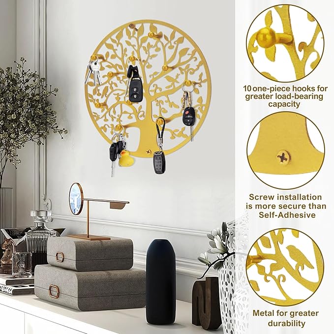 Round Decorative Home Key Holder Wall Mount, Metal Tree Car Key Rack for Wall Organizer for Keys, Wallets, Hats, Used for Dec