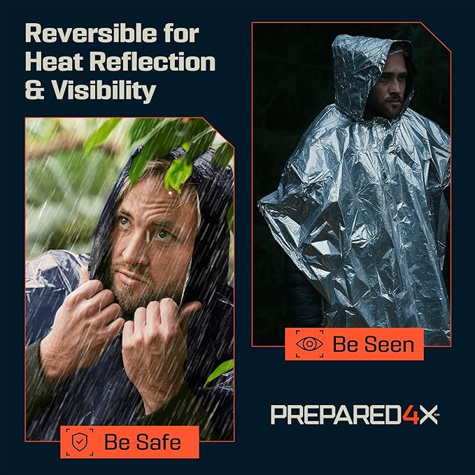PREPARED4X Emergency Mylar Poncho – Survival Rain Poncho with Hood – Lightweight, Compact, Reusable Emergency Blanket Poncho 