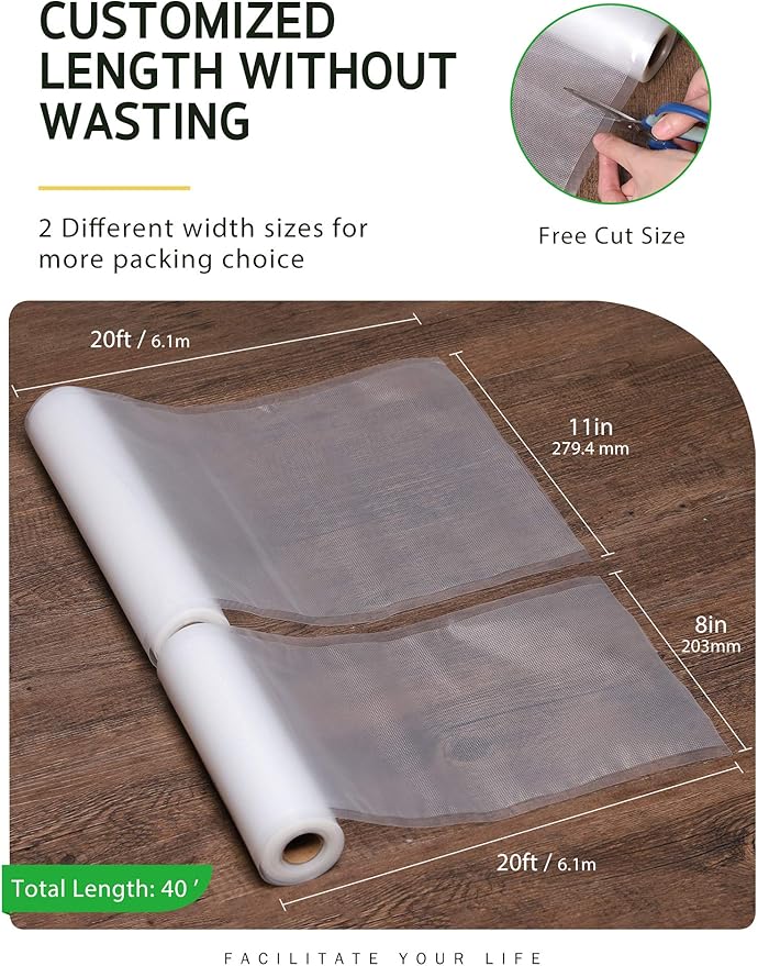 Syntus Vacuum Sealer Bags, 2 Pack 1 Roll 11" x 20' and 1 Roll 8" x 20' Commercial Grade Bag Rolls, Food Vac Bags for Storage,
