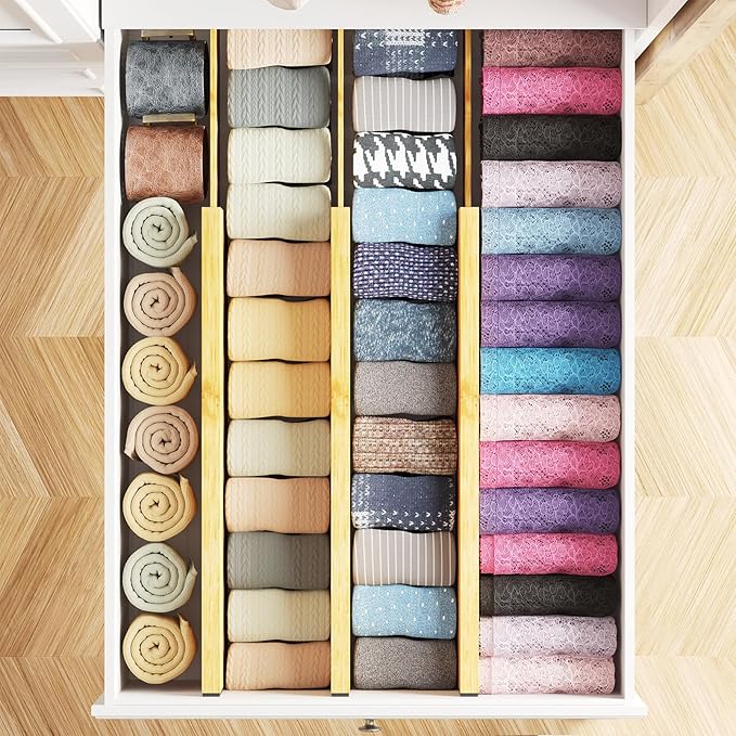 SpaceAid Bamboo Dresser Drawer Dividers 6 Pack, 4.65“ High Adjustable 17“-22” Drawer Organizers, Expandable Organization for 