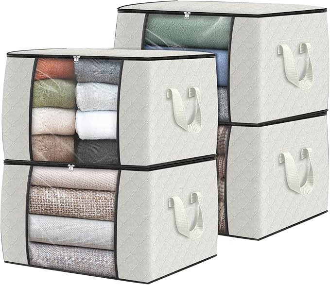Fab totes 4 Pack Clothes Storage, Foldable Thick Fabric Blanket Storage Bags, Containers for Organizing Bedroom, Closet, Clot