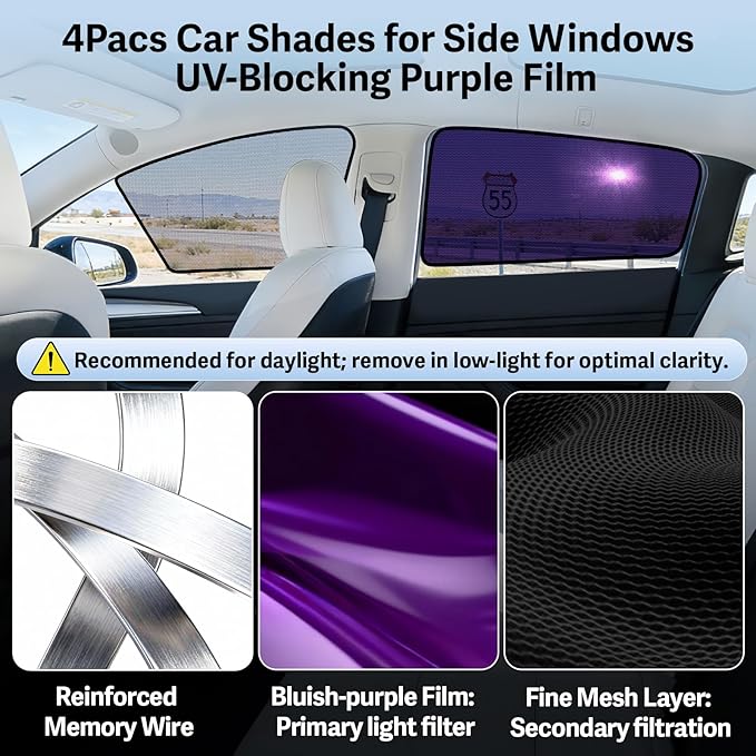 ZATOOTO Tesla Model 3 Car Window Shades 4Pack | Clear for Safe Driving | Bluish-Purple for Passenger Comfort | UV Protection | Static Cling Side Window Sun Shade Blocker with Storage Bag | 2018-2025 |