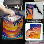 Beach Sunrise Car Garbage Bag,Palm Tree Waterproof Small Car Trash Bag Hanging Back of Seat,Drawstring Hanging Car Trash Bag with Adjustable Buckle for Car Accessories