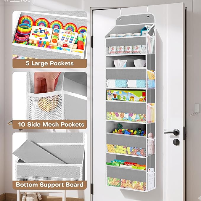 SpaceWhisper Over the Door Organizer, 5 Large Pocket Hanging Storage Organizer with 40lb Capacity, Space Saving for Nursery, 