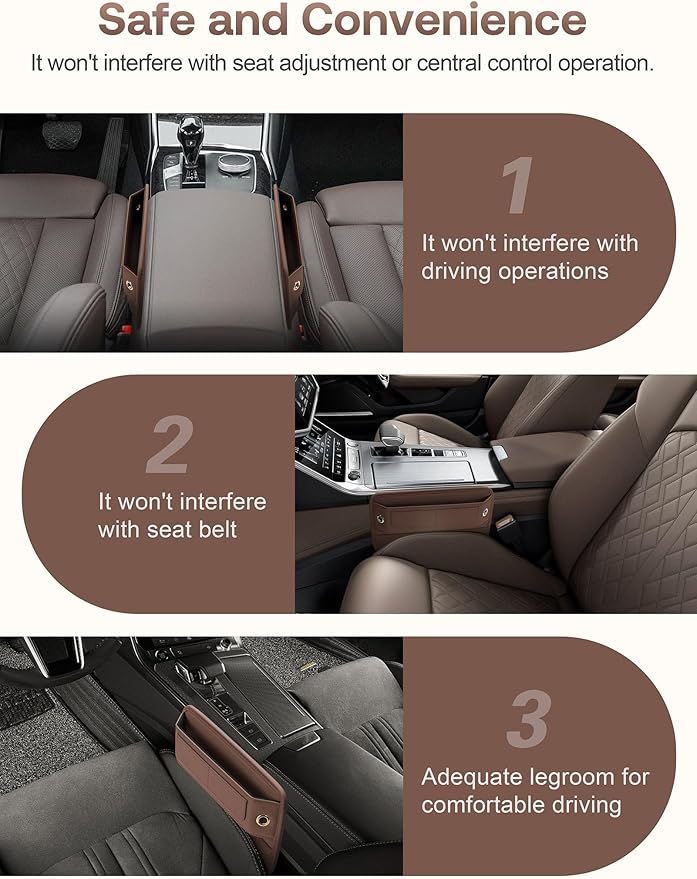 Universal Fit Premium Leather Car Seat Gap Filler Organizer, Center Console Organizer with Card Slots, Clever Gifts for Car SUV Truck Owners (Brown, 2 Pack)