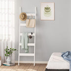 Blanket Ladder, 5-Tier Towel Holder with 4 Removable Hooks, Farmhouse Wall Leaning Decorative Rack Shelf, Wooden Towel Displa