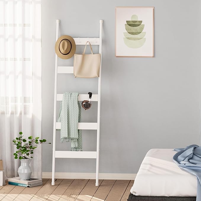 Blanket Ladder, 5-Tier Towel Holder with 4 Removable Hooks, Farmhouse Wall Leaning Decorative Rack Shelf, Wooden Towel Displa