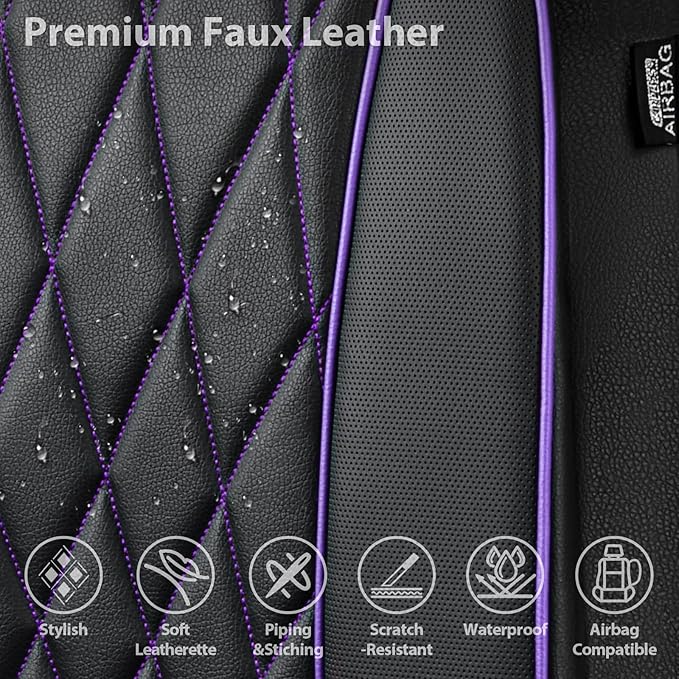CAR PASS Piping Luxury Faux Leather Two Front Car Seat Covers, Waterproof Anti Slip Premium Automotive Seat Covers,Universal 