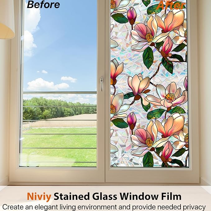 Niviy Window Privacy Film, Magnolia Flowers Stained Glass Window Film, Rainbow Film Glass Sun Protection Decals for Car Moonroof, Windows Tint for Home Bathroom (16.93 x 39.37inch)
