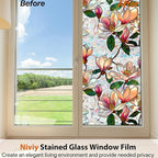 Niviy Magnolia Flowers Stained Glass Window Film, Rainbow Window Film Glass Decals Static Cling Stickers, Windows Tint for Home Bathroom (16.93 x 78.7inch)