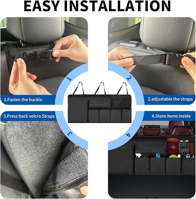 Car Trunk Organizer, Backseat Hanging Organizer with Storage Pockets for SUV, Truck, Van, Collapsible Trunk Organization for