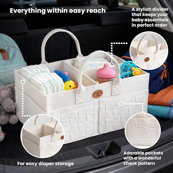 Baby Diaper Caddy Organizer for Nursery – Large Felt Storage Basket for Baby Essentials, Wipes & Diapers – Portable Nursery O