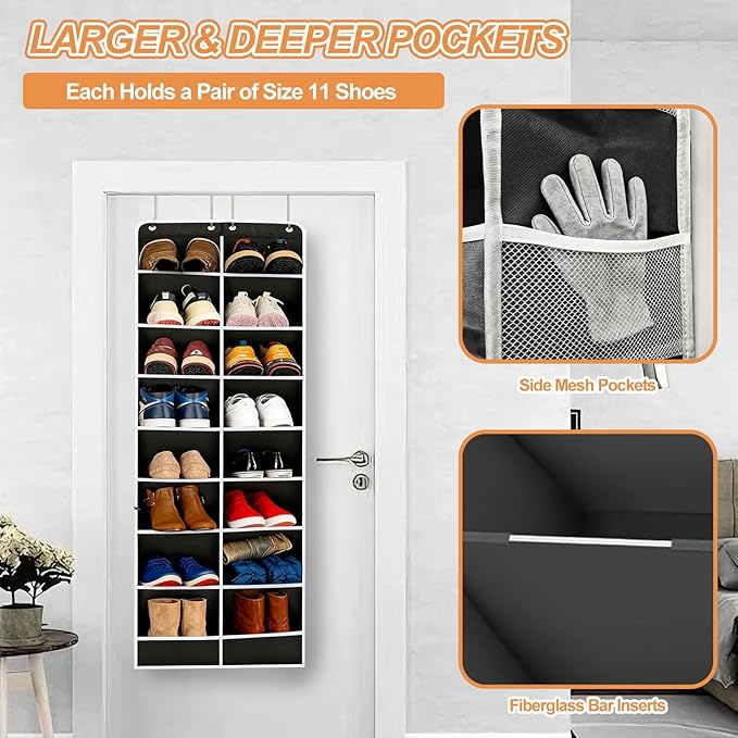 8-Layer Over The Door Shoe Organizer with 16 Compartments, Pockets Heavy-Duty Non-Woven Fabric Hanging Shoes Storage Rack,Han