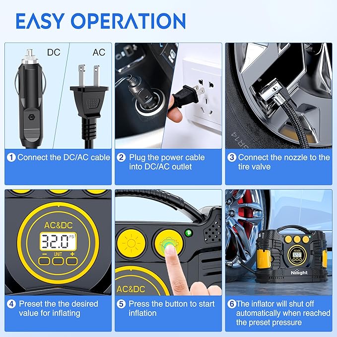 Nilight Tire Inflator Portable Air Compressor Dual Power for Car 12V DC and Home 110V AC Tires Pump Pressure Gauge Fast Inflate Auto Shutoff for Cars SUV Motorcycle Bicycle
