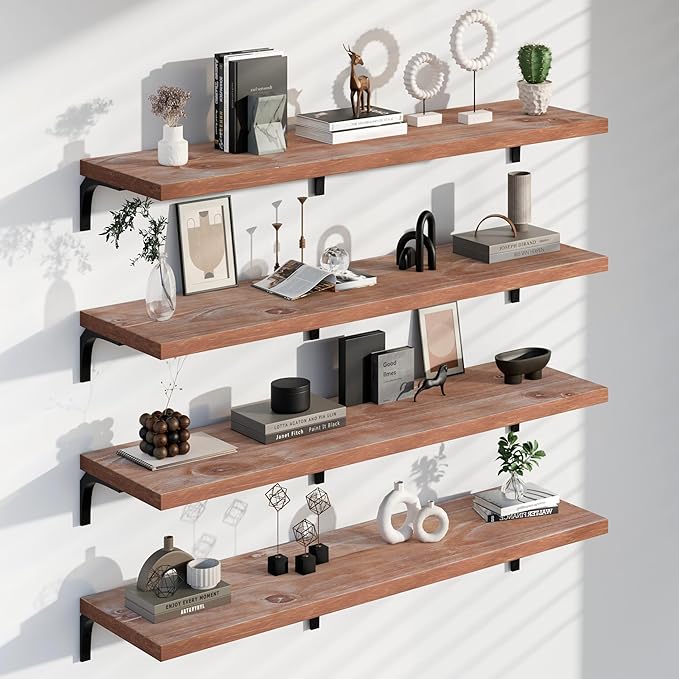 12 Inch Deep Floating Shelves Set of 4, 60 Inch Extra Long Brown Solid Wood Wall Shelves, 5ft Heavy Duty Farmhouse Wall Mount