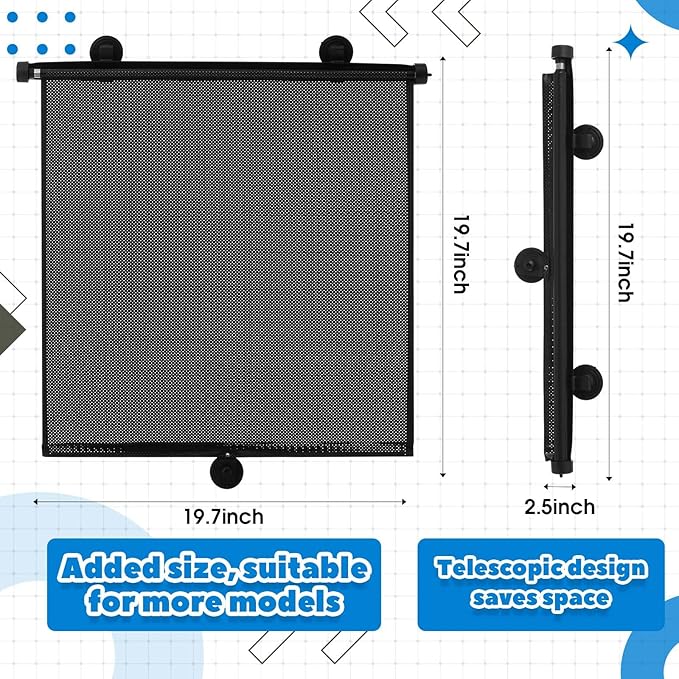 Blosssound 2 Pack Car Side Window Sun Shades Extra Wide Retractable Window Shades for Car Blocks Heat Roller Sunshade Visor for UV Rays Glare Protection Accessories(20 x 20 Inch)