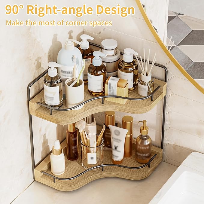 2-Tier Corner Bathroom Counter Organizer with Embedded Screw Holes, Secure & Stable Wood Vanity Shelf for Makeup and Skincare