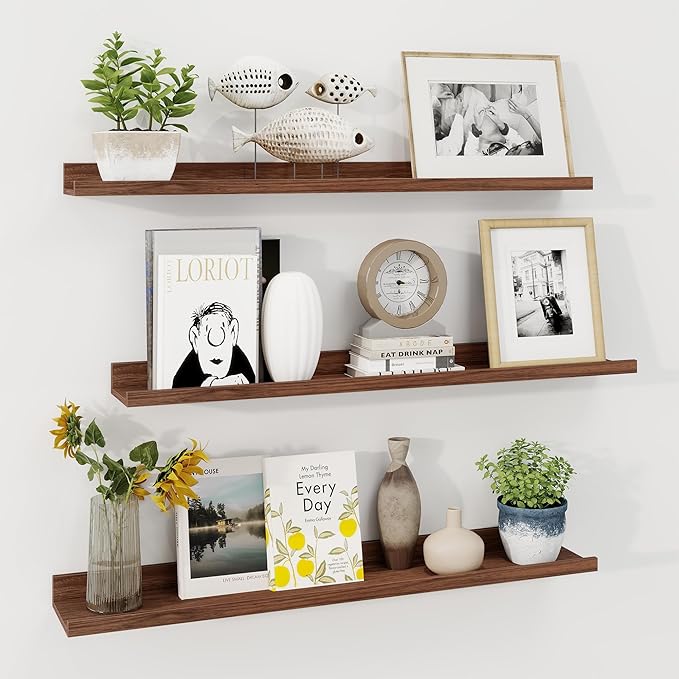 Axeman 36 Inch Floating Shelves | Walnut Picture Ledge Shelf Set of 3 | Rustic Wood Wall Shelves with Lip | 36" Walnut Pictur