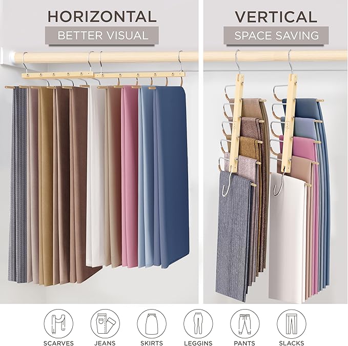 MORALVE Pants Hangers Space Saving - European Beechwood Scarf and Jean Hangers - Closet Organizer and Space Saver Pant Rack, 