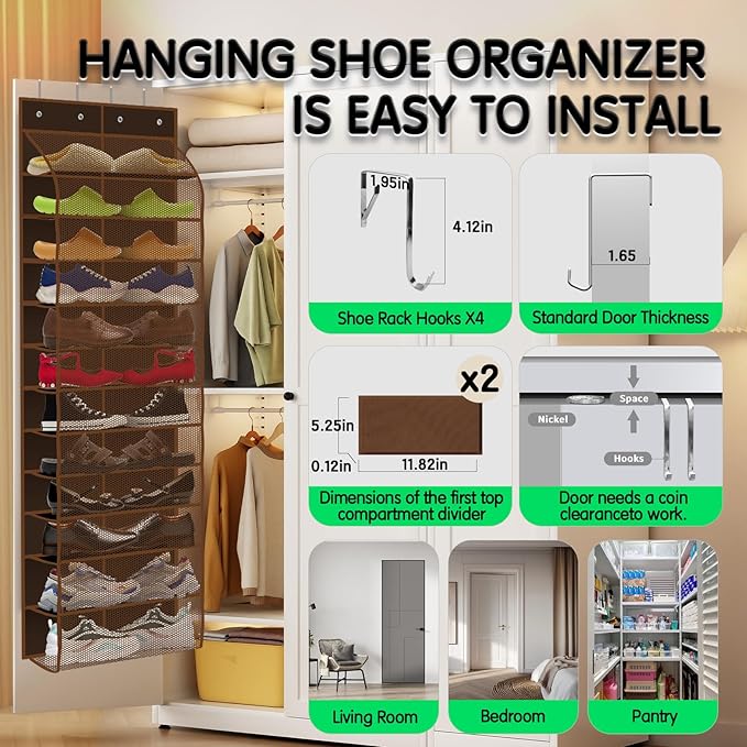 Kotkn Over The Door Shoe Organizer with 12 Large Breathable Pockets - Durable Hanging Storage for the Entire Family's Shoes (