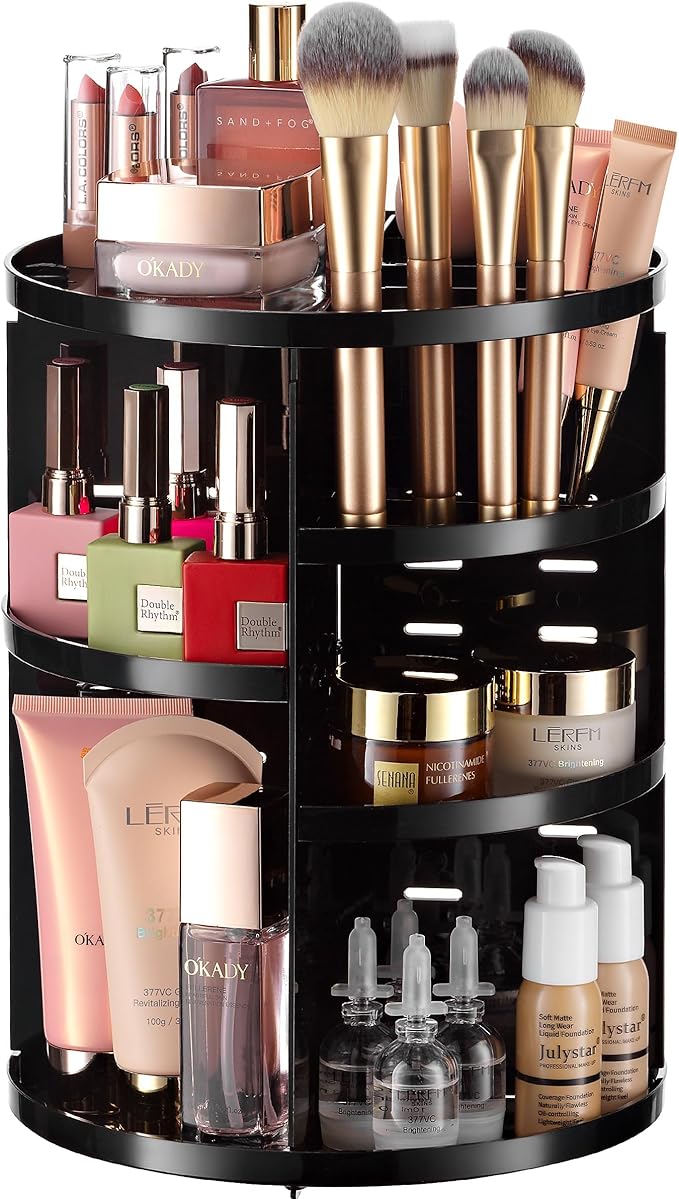 360 Rotating Makeup Organizer - Adjustable Shelf Height and Fully Rotatable. The Perfect Cosmetic Organizer for Bedroom Dress