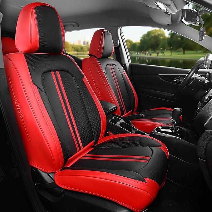 FREESOO Car Seat Covers Full Set, Black Red Waterproof Car Seat Cover, Leather Seat Covers for Trucks, Luxury Car Seat Covers