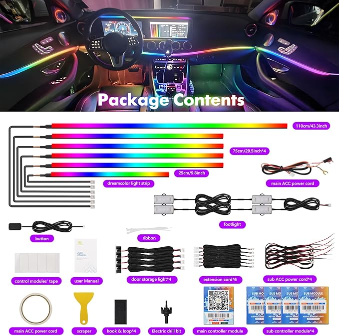 New Version Acrylic Car Dreamcolor Ambient Lighting Kit 14 in 1 LED Interior Car Strip Lights APP Control Zoned Control System 252 Color Modes DIY Neon Wireless Sound Activated RGB Neon Light Kits