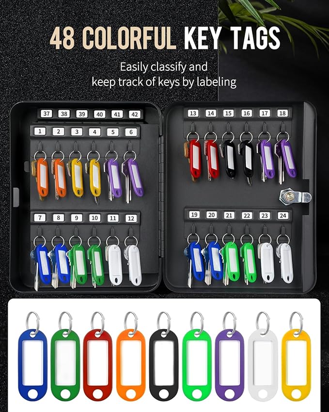 Uniclife 48-Key Steel Key Cabinet with 2 Unlocking Keys Wall Mounted Key Organizer Black Frosted Security Box with Hooks and 