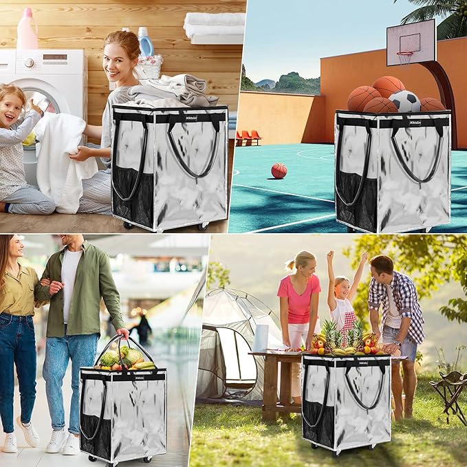 (Medium, Starlight Silver)Reusable Grocery Bag on 4 Wheels,Foldable Rolling Tote Carries Up to 66lb Shopping Trolley,Rolling Bag with 3 Handles,Zipper Clouser Rolling Tote Bag with Wheels for Laundry